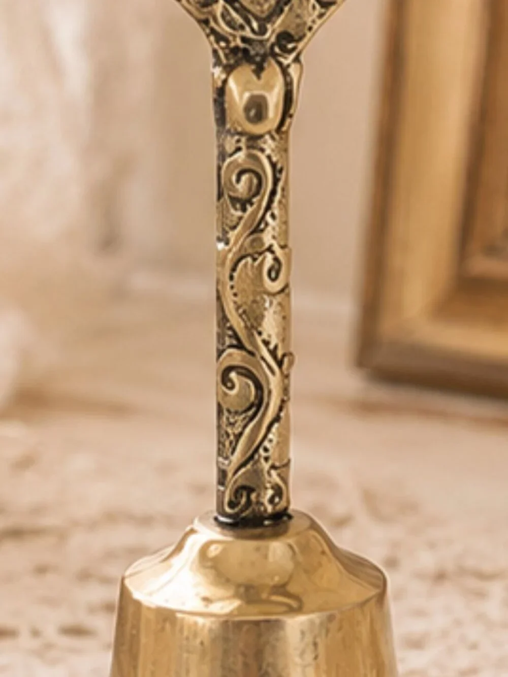 Vintage Brass Bottle Opener Bell With Embossed Details and Heart-Shaped Handle